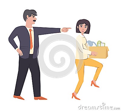 Fired woman and angry man boss. Boss dismissal girl at work, showing the incompetent employee at the door. Vector Illustration