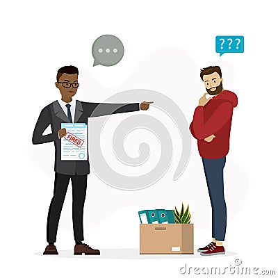 Fired worker with box. Black boss holds dismissal document. Reduction of number of staff, dismissal of employees Vector Illustration