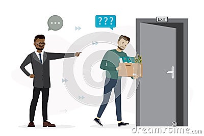 Fired worker with box in hands. Black boss points to open door. Reduction of number of staff, dismissal of employees. Unhappy Vector Illustration