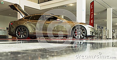 FIREDRICHSHAFEN, GER,MANY - APRIL 20, 2016: TESLA Model S Electric Car displayed at AERO EXPO 2016 FRIEDRICHSHAFEN. Editorial Stock Photo