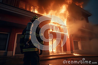 firefighter battles a blaze, using his hose to save a burning building Stock Photo