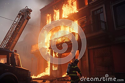 firefighter battles a blaze, using his hose to save a burning building Stock Photo