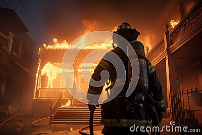 firefighter battles a blaze, using his hose to save a burning building Stock Photo