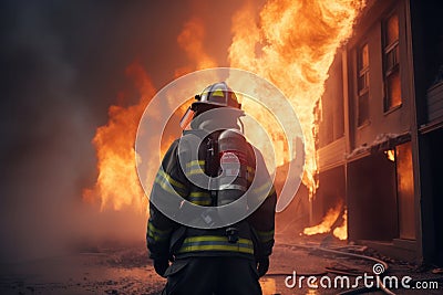 firefighter battles a blaze, using his hose to save a burning building Stock Photo