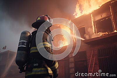 firefighter battles a blaze, using his hose to save a burning building Stock Photo