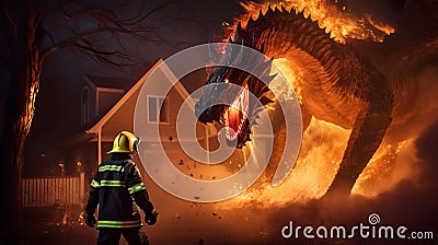 Firefighter bravely confronts sinister fire dragon amidst house fire symbolizing heroic struggle Stock Photo