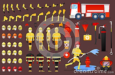 Firefighter Character Creation Constructor. Man in Different Poses. Male Person with Faces, Arms, Legs, Hairstyles Vector Illustration
