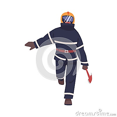 Firefighter Character in Fireproof Uniform and Helmet Walking with Axe Vector Illustration Vector Illustration