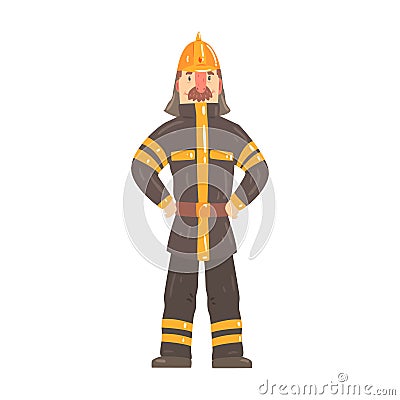 Firefighter character in safety helmet and protective suit standing cartoon vector Illustration Vector Illustration