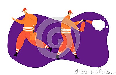 Firefighter Characters with Rescue Equipment. Firefighting Emergency Concept with Fireman in Action. Firefighters Vector Illustration