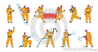 Firefighter characters in uniform, firemen with firefighting equipment. Firefighters saving child, putting out fire Vector Illustration