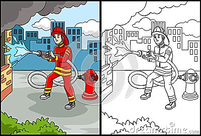 Firefighter Coloring Page Colored Illustration Vector Illustration