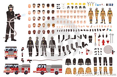 Firefighter creation set or constructor. Collection of fireman body parts, facial expressions, protective clothing Vector Illustration