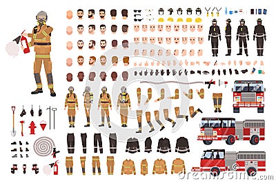 Firefighter creation set or DIY kit. Bundle of fireman body parts, facial expressions, protective clothing, equipment Vector Illustration