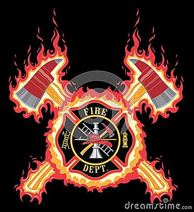 Firefighter Cross With Axes and Flames Vector Illustration