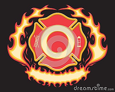 Firefighter Cross Symbol with Flaming Banner Vector Illustration