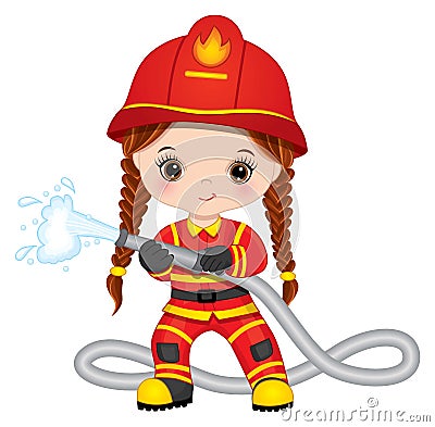 Firefighter Cute Little Girl with Fire Hose Vector Illustration
