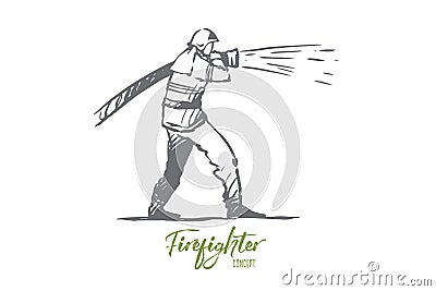 Firefighter, emergency, fire, helmet, rescue concept. Hand drawn isolated vector. Vector Illustration