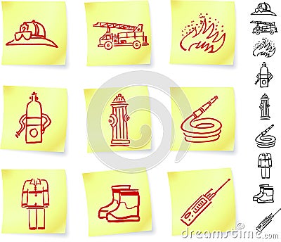 Firefighter Equipment on Post it Notes Stock Photo