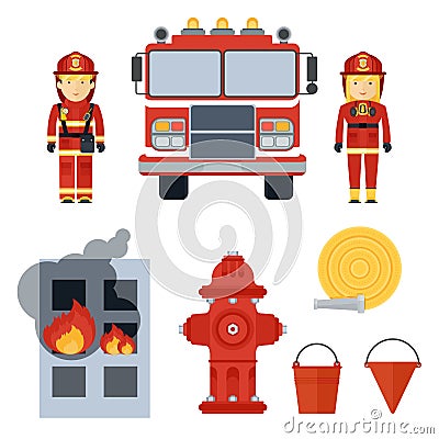 Firefighter and equipment Vector Illustration