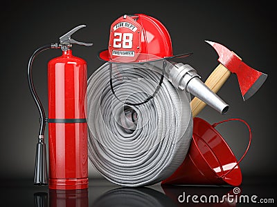 Firefighter equipment and tools. Fire hose, fire hat, extinguisher and axe, symbols of firefighter profession Cartoon Illustration