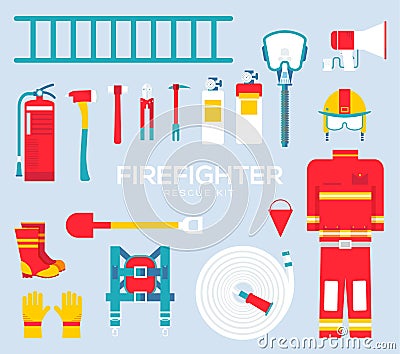 Firefighter equipment and tools flat icons. Vector Illustration