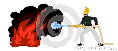 A firefighter extinguishes the flames with water. Uniform of the Russian fire service of the 19th century. Vector Illustration