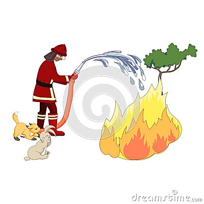 Firefighter extinguishes forest fire with a hose in Cartoon style, fireman saving wild animals rabbit and fox on white isolated Vector Illustration