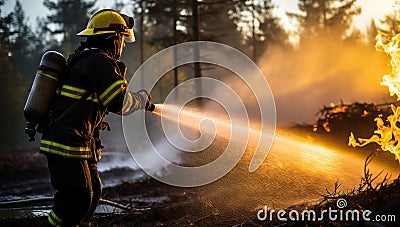 Firefighter fighting a fire in the forest at sunset. Firefighter in action Stock Photo