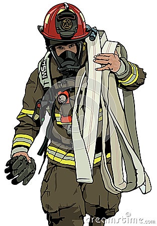 Firefighter With Fire Hose Vector Illustration