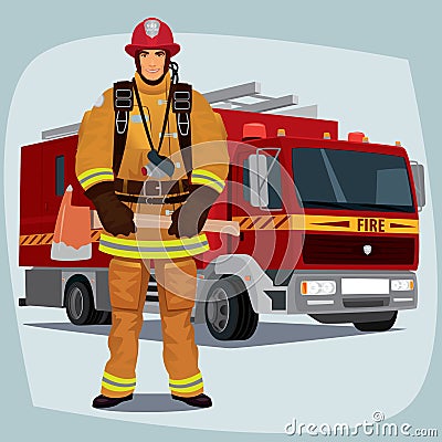 Firefighter or fireman with fire truck Vector Illustration