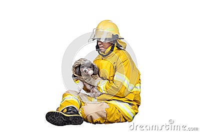 Firefighter, fireman rescued the pets from the fire Stock Photo