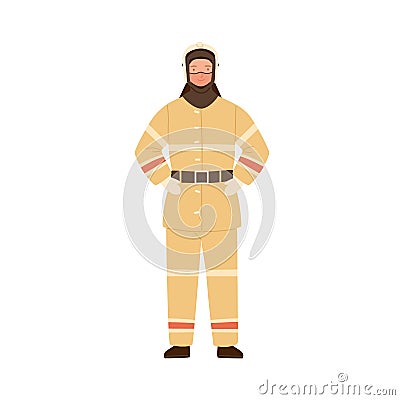 Firefighter, fireman, rescuer man in fireproof protective suit, clothes, uniform and helmet. Emergency services worker Vector Illustration