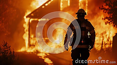 Firefighter in front of a burning house at dusk. Brave firefighter combatting a fierce house fire. Concept of heroism Stock Photo