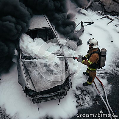 Firefighter Extinguish Burning melting ev electric Car with chemical foam, on a parking lot daytime Stock Photo