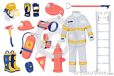 Firefighter gear flat icons set. Fireman professional equipment. Special uniform, fire extinguisher, fire hydrant Vector Illustration