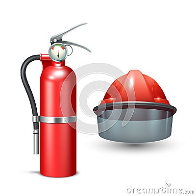 Firefighter Helmet And Extinguisher Vector Illustration