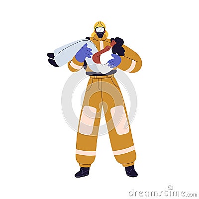 Firefighter hero rescuing girl victim from fire. Fireman carrying, holding person in hands. Emergency worker standing Vector Illustration