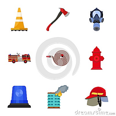 Firefighter icon set, flat style Vector Illustration