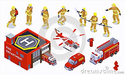 Firefighter Isometric Color Set Cartoon Illustration