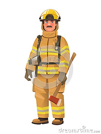 Firefighter man wearing protective uniform and helmet holding an ax in hand. Full length fireman with equipment Cartoon Illustration