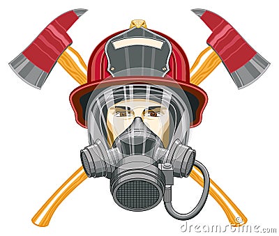 Firefighter with Mask and Axes Vector Illustration