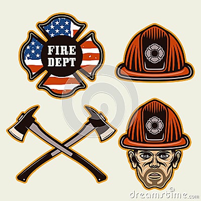 Firefighter objects set of vector elements in colored style Vector Illustration