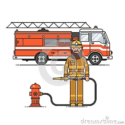 Firefighter officer in personal protecting equipment standing in front of fire engine truck Cartoon Illustration