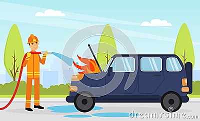 Firefighter in Orange Uniform and Protective Helmet with Hose Extinguishing Fire in Car Engine Vector Illustration Vector Illustration