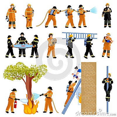 Firefighter People Flat Color Icons Set Vector Illustration