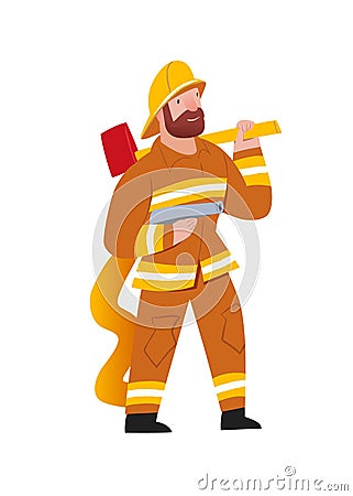 Firefighter. Professional rescuer, handson work profession. Beard man in uniform with fire engine and axe. Vector illustration. Vector Illustration