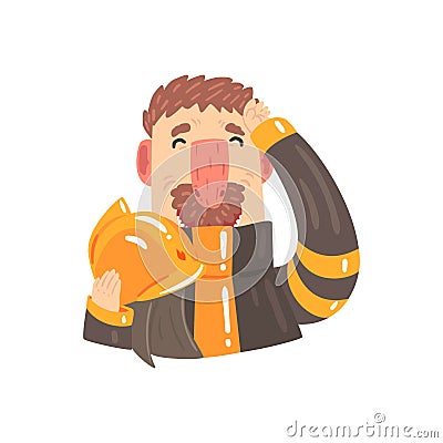 Firefighter in protective suit holding safety helmet in his hands cartoon character vector Illustration Vector Illustration