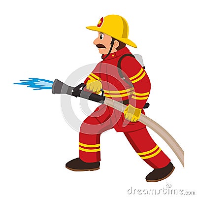 Firefighter puts out fire with hose. Vector Illustration