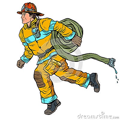 The firefighter rushes to help. Fire hose Vector Illustration